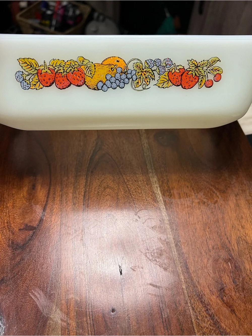 Vintage Fire-King Fruit Harvest #441 1 Qt Milk Glass Casserole Loaf Pan USA